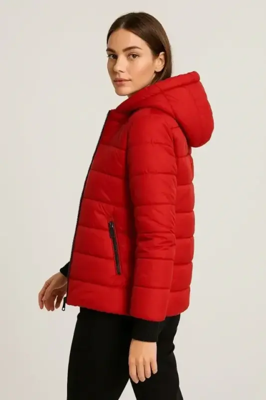 Şişme Kapüşonlu Fermuarlı Mont Su Itici Kapitone Astarlı Kumaş Cepli Kışlık Rahat Kalıp - Kırmızı - BÜYÜKBEDENIZ