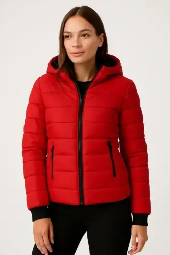 Şişme Kapüşonlu Fermuarlı Mont Su Itici Kapitone Astarlı Kumaş Cepli Kışlık Rahat Kalıp - Kırmızı - BÜYÜKBEDENIZ (1)