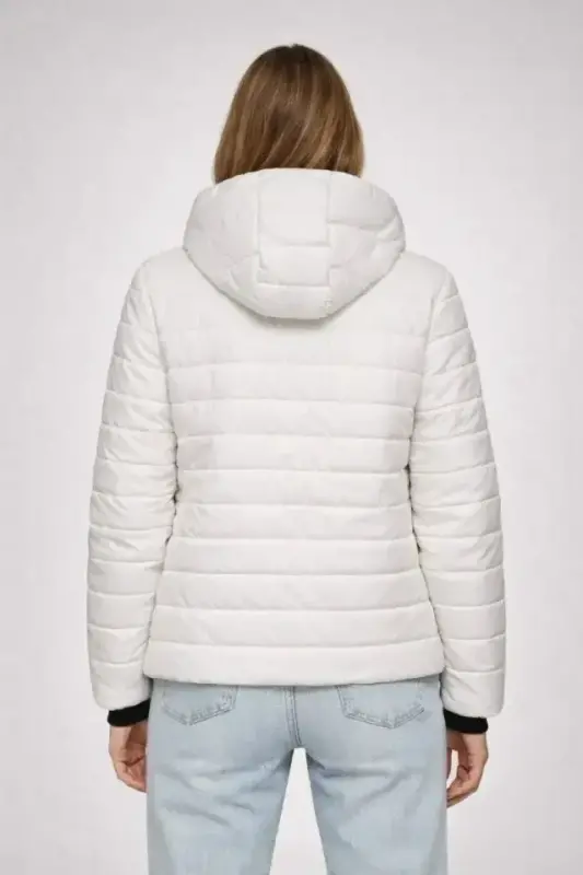 Şişme Kapüşonlu Fermuarlı Mont Su Itici Kapitone Astarlı Kumaş Cepli Kışlık Rahat Kalıp - Krem - 2