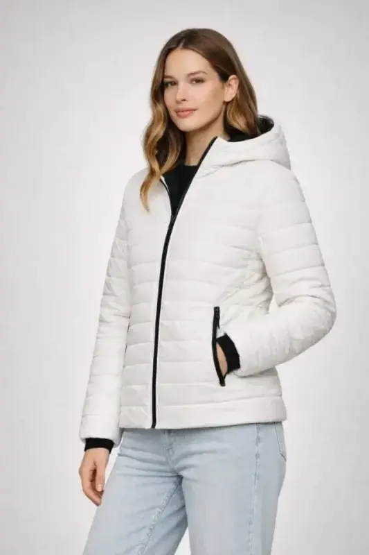 Şişme Kapüşonlu Fermuarlı Mont Su Itici Kapitone Astarlı Kumaş Cepli Kışlık Rahat Kalıp - Krem - 3