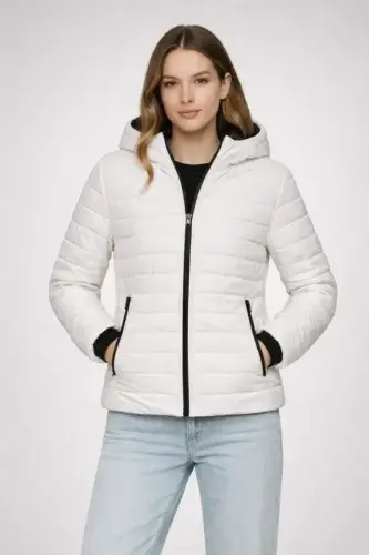 Şişme Kapüşonlu Fermuarlı Mont Su Itici Kapitone Astarlı Kumaş Cepli Kışlık Rahat Kalıp - Krem - 4