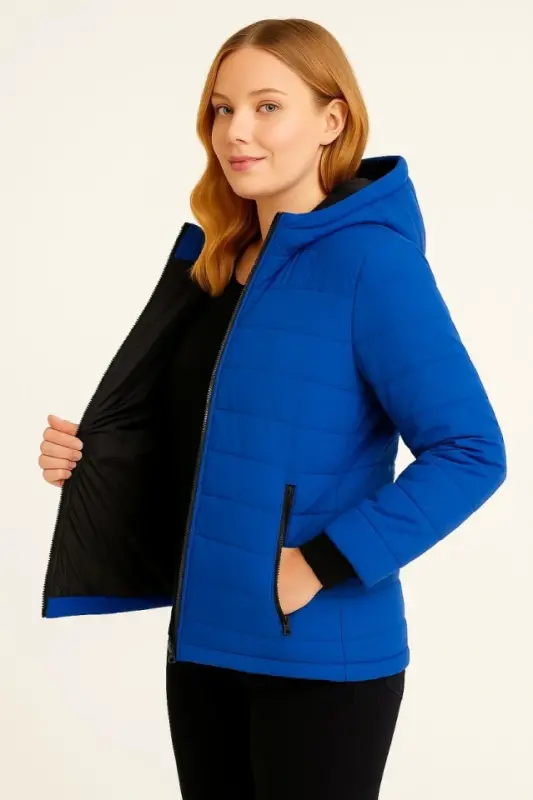 Şişme Kapüşonlu Fermuarlı Mont Su Itici Kapitone Astarlı Kumaş Cepli Kışlık Rahat Kalıp - Saks Mavisi - 2