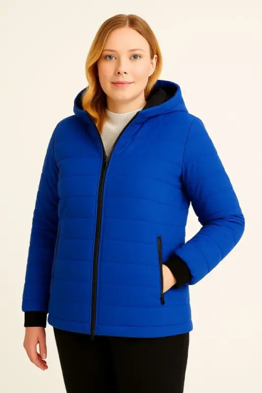 Şişme Kapüşonlu Fermuarlı Mont Su Itici Kapitone Astarlı Kumaş Cepli Kışlık Rahat Kalıp - Saks Mavisi - 3