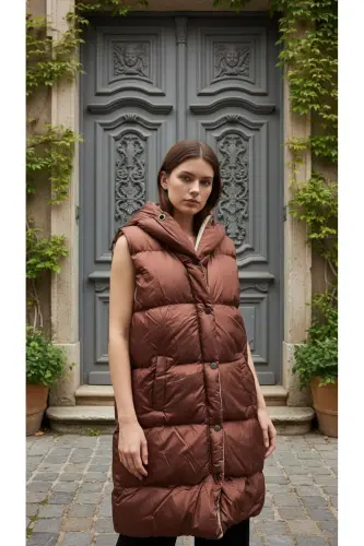 Şişme Yelek Kapşonlu Şişme Yelek Kapüşonlu Kolsuz Şişme Yelek Mont Kaban-Kiremit 