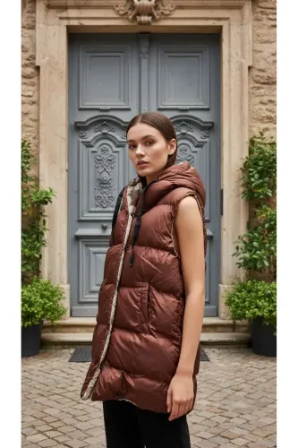 Şişme Yelek Kapşonlu Şişme Yelek Kapüşonlu Kolsuz Şişme Yelek Mont Kaban-Kiremit - MODAMİA (1)