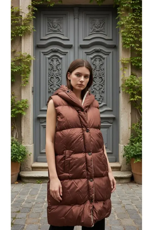 Şişme Yelek Kapşonlu Şişme Yelek Kapüşonlu Kolsuz Şişme Yelek Mont Kaban-Kiremit - 1