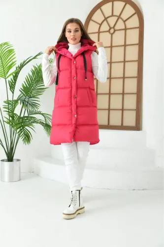 Şişme Yelek Kapşonlu Şişme Yelek Kapüşonlu Kolsuz Şişme Yelek Mont Kaban-YPembe - MODAMİA (1)