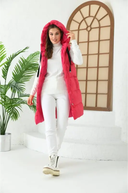 Şişme Yelek Kapşonlu Şişme Yelek Kapüşonlu Kolsuz Şişme Yelek Mont Kaban-YPembe - 1