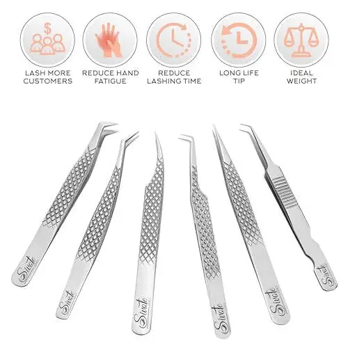 SIVOTE 6-Pack Professional Lash Extension Tweezers Set Japanese Steel, Silver - 1