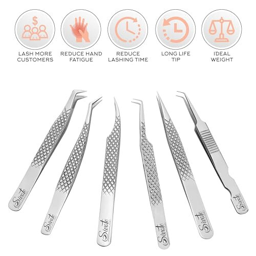 SIVOTE Eyelash Extension Tweezers Fiber Tips Japanese Steel, Set of 6 – Curved, Dolphin, 90° 45° Volume Boot & Slight Curved Tweezer – Professional Lash Tweezers for Lash Extensions Silver 