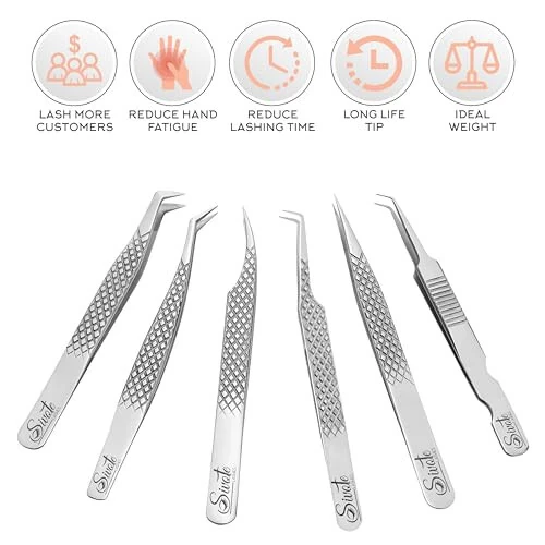 SIVOTE Eyelash Extension Tweezers Fiber Tips Japanese Steel, Set of 6 – Curved, Dolphin, 90° 45° Volume Boot & Slight Curved Tweezer – Professional Lash Tweezers for Lash Extensions Silver - SIVOTE
