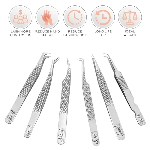SIVOTE Eyelash Extension Tweezers Fiber Tips Japanese Steel, Set of 6 – Curved, Dolphin, 90° 45° Volume Boot & Slight Curved Tweezer – Professional Lash Tweezers for Lash Extensions Silver - 1