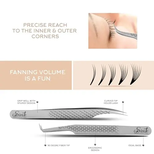 SIVOTE Eyelash Extension Tweezers Fiber Tips Japanese Steel, Set of 6 – Curved, Dolphin, 90° 45° Volume Boot & Slight Curved Tweezer – Professional Lash Tweezers for Lash Extensions Silver - 2
