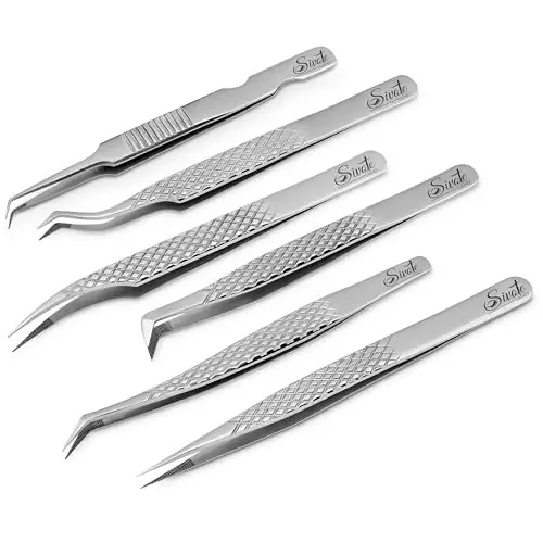 SIVOTE Eyelash Extension Tweezers Fiber Tips Japanese Steel, Set of 6 – Curved, Dolphin, 90° 45° Volume Boot & Slight Curved Tweezer – Professional Lash Tweezers for Lash Extensions Silver - 4
