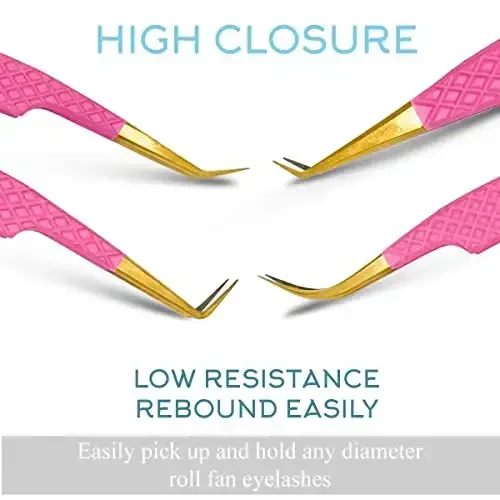 SIVOTE Fiber Tip eyelash tweezers for lash extensions with Diamond Grip, Pink, Set of 4 - Precise Tips Japanese Steel for Classic, Volume & Mega Volume Lashes, Anti-Rust - Ideal for Lash Artists - 3