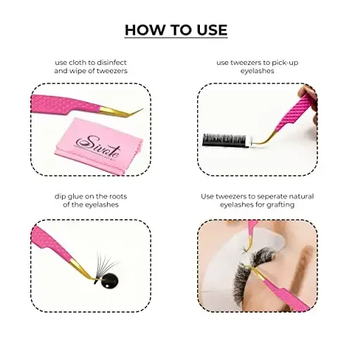 SIVOTE Fiber Tip eyelash tweezers for lash extensions with Diamond Grip, Pink, Set of 4 - Precise Tips Japanese Steel for Classic, Volume & Mega Volume Lashes, Anti-Rust - Ideal for Lash Artists - 6