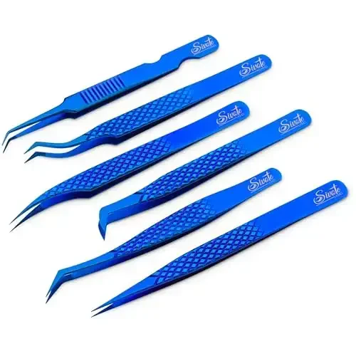 SIVOTE Eyelash Extension Tweezers Fiber Tips Japanese Steel, Set of 6 – Curved, Dolphin, 90° 45° Volume Boot & Slight Curved Tweezer – Professional Lash Tweezers for Lash Extensions Blue 