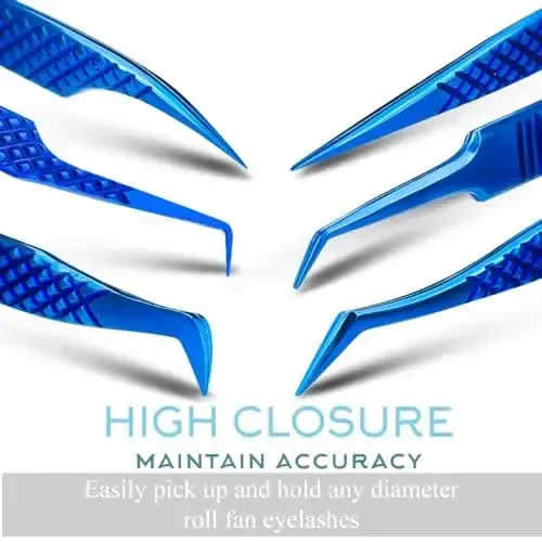 SIVOTE Eyelash Extension Tweezers Fiber Tips Japanese Steel, Set of 6 – Curved, Dolphin, 90° 45° Volume Boot & Slight Curved Tweezer – Professional Lash Tweezers for Lash Extensions Blue - 5
