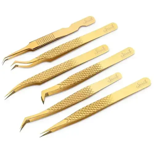 SIVOTE Eyelash Extension Tweezers Fiber Tips Japanese Steel, Set of 6 – Curved, Dolphin, 90° 45° Volume Boot & Slight Curved Tweezer – Professional Lash Tweezers for Lash Extensions Gold - SIVOTE