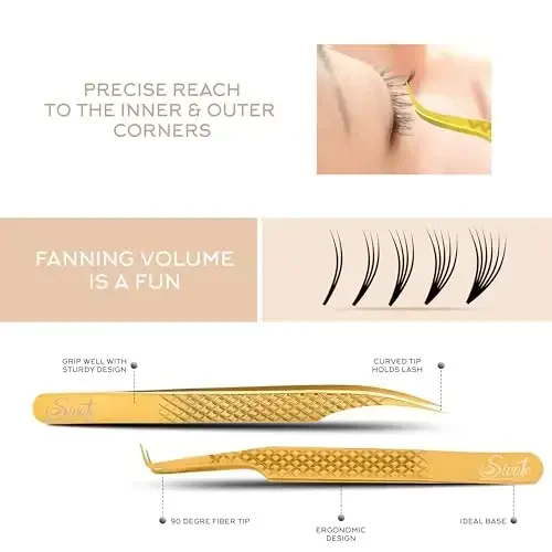 SIVOTE Eyelash Extension Tweezers Fiber Tips Japanese Steel, Set of 6 – Curved, Dolphin, 90° 45° Volume Boot & Slight Curved Tweezer – Professional Lash Tweezers for Lash Extensions Gold - 3