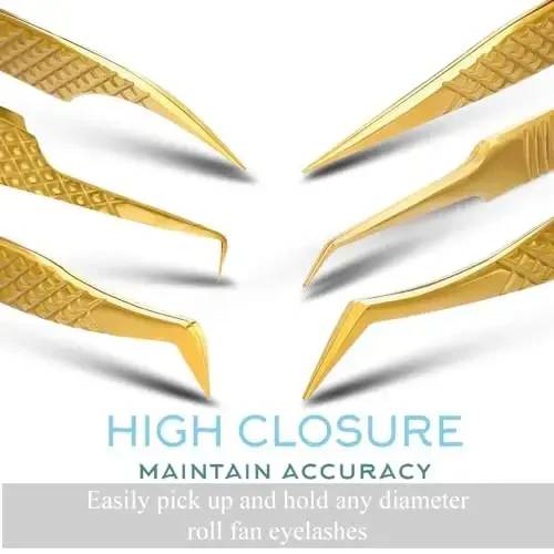 SIVOTE Eyelash Extension Tweezers Fiber Tips Japanese Steel, Set of 6 – Curved, Dolphin, 90° 45° Volume Boot & Slight Curved Tweezer – Professional Lash Tweezers for Lash Extensions Gold - 8