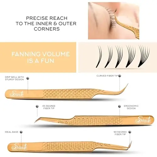 SIVOTE Eyelash Extension Tweezers Fiber Tips Japanese Steel, Set of 6 – Curved, Dolphin, 90° 45° Volume Boot & Slight Curved Tweezer – Professional Lash Tweezers for Lash Extensions Gold - 4