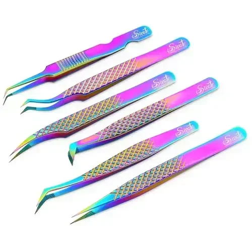 SIVOTE Eyelash Extension Tweezers Fiber Tips Japanese Steel, Set of 6 – Curved, Dolphin, 90° 45° Volume Boot & Slight Curved Tweezer – Professional Lash Tweezers for Lash Extensions Rainbow 