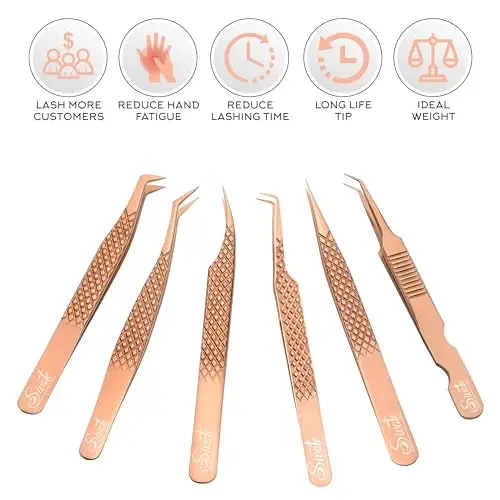 SIVOTE Eyelash Extension Tweezers Fiber Tips Japanese Steel, Set of 6 – Curved, Dolphin, 90° 45° Volume Boot & Slight Curved Tweezer – Professional Lash Tweezers for Lash Extensions Rose Gold - 3