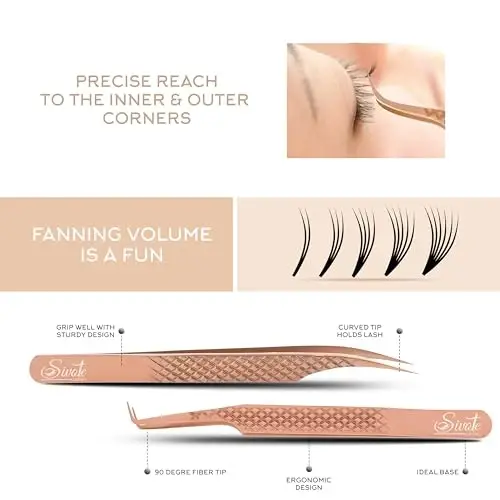 SIVOTE Eyelash Extension Tweezers Fiber Tips Japanese Steel, Set of 6 – Curved, Dolphin, 90° 45° Volume Boot & Slight Curved Tweezer – Professional Lash Tweezers for Lash Extensions Rose Gold - 4