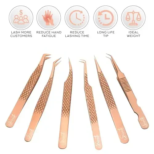 SIVOTE Eyelash Extension Tweezers Fiber Tips Japanese Steel, Set of 6 – Curved, Dolphin, 90° 45° Volume Boot & Slight Curved Tweezer – Professional Lash Tweezers for Lash Extensions Rose Gold - 3