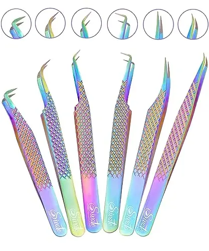 SIVOTE Eyelash Extension Tweezers Fiber Tips, Set of 6, Curved, Dolphin, 90 Degree 45 Degree, Volume Boot & Slight Curved Tweezer, Rainbow - SIVOTE
