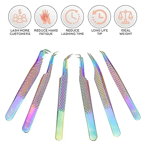 SIVOTE Eyelash Extension Tweezers Fiber Tips, Set of 6, Curved, Dolphin, 90 Degree 45 Degree, Volume Boot & Slight Curved Tweezer, Rainbow - 5