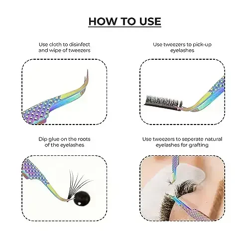 SIVOTE Eyelash Extension Tweezers Fiber Tips, Set of 6, Curved, Dolphin, 90 Degree 45 Degree, Volume Boot & Slight Curved Tweezer, Rainbow - 6