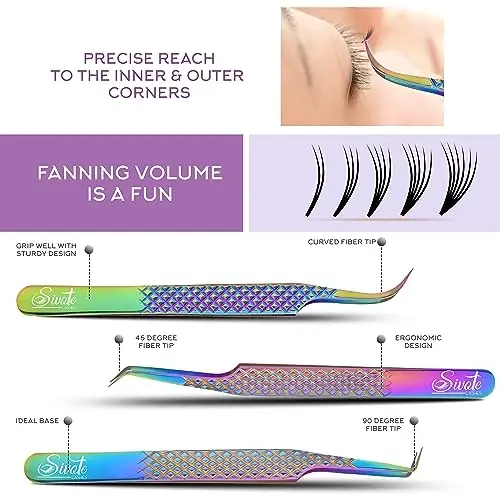 SIVOTE Eyelash Extension Tweezers Fiber Tips, Set of 6, Curved, Dolphin, 90 Degree 45 Degree, Volume Boot & Slight Curved Tweezer, Rainbow - 2
