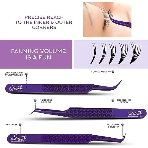 SIVOTE Eyelash Extension Tweezers Fiber Tips, Set of 6, Curved, Dolphin, 90 Degree 45 Degree, Volume Boot & Slight Curved Tweezer, Rose Gold - 2