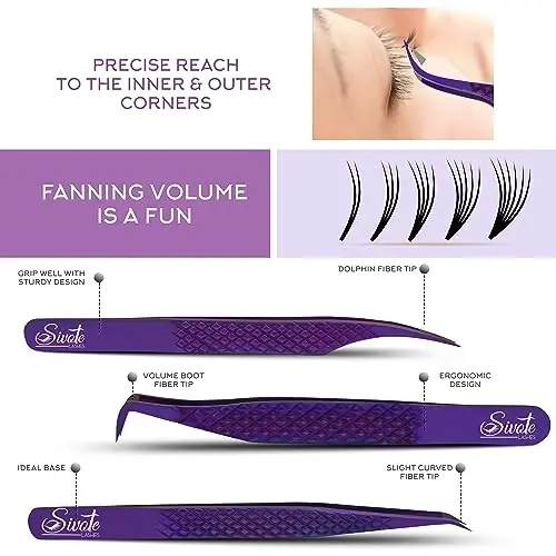 SIVOTE Eyelash Extension Tweezers Fiber Tips, Set of 6, Curved, Dolphin, 90 Degree 45 Degree, Volume Boot & Slight Curved Tweezer, Rose Gold - 3
