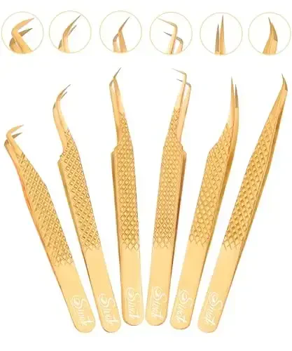 SIVOTE Eyelash Extension Tweezers Fiber Tips, Set of 6, Curved, Dolphin, 90 Degree 45 Degree, Volume Boot & Slight Curved Tweezer, Rose Gold 