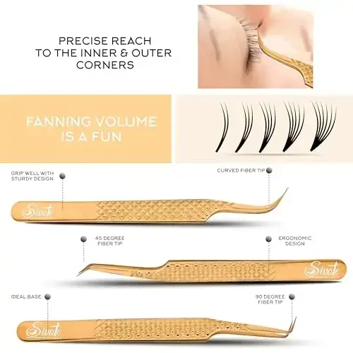 SIVOTE Eyelash Extension Tweezers Fiber Tips, Set of 6, Curved, Dolphin, 90 Degree 45 Degree, Volume Boot & Slight Curved Tweezer, Rose Gold - 5