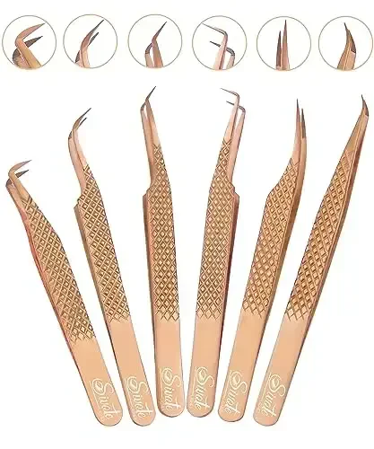 SIVOTE Eyelash Extension Tweezers Fiber Tips, Set of 6, Curved, Dolphin, 90 Degree 45 Degree, Volume Boot & Slight Curved Tweezer, Rose Gold - 12