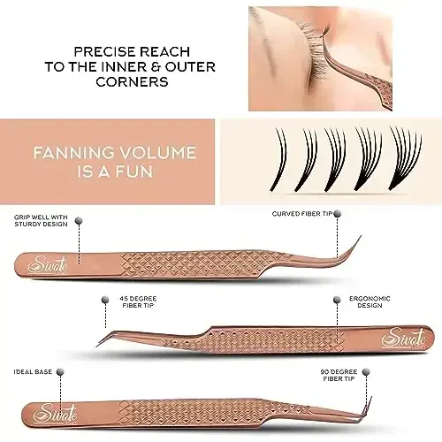 SIVOTE Eyelash Extension Tweezers Fiber Tips, Set of 6, Curved, Dolphin, 90 Degree 45 Degree, Volume Boot & Slight Curved Tweezer, Rose Gold - 10