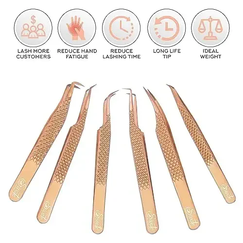 SIVOTE Eyelash Extension Tweezers Fiber Tips, Set of 6, Curved, Dolphin, 90 Degree 45 Degree, Volume Boot & Slight Curved Tweezer, Rose Gold - 5