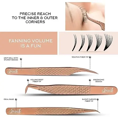 SIVOTE Eyelash Extension Tweezers Fiber Tips, Set of 6, Curved, Dolphin, 90 Degree 45 Degree, Volume Boot & Slight Curved Tweezer, Rose Gold - 2