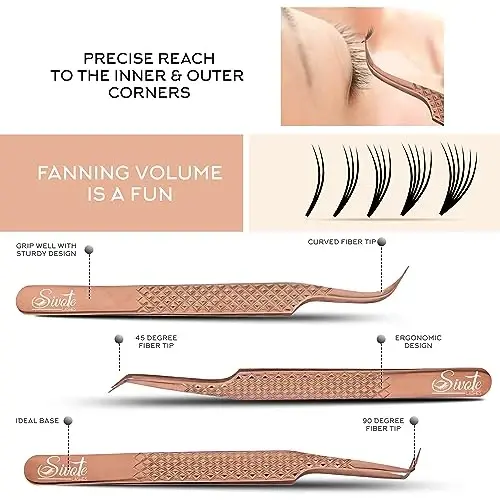 SIVOTE Eyelash Extension Tweezers Fiber Tips, Set of 6, Curved, Dolphin, 90 Degree 45 Degree, Volume Boot & Slight Curved Tweezer, Rose Gold - 3