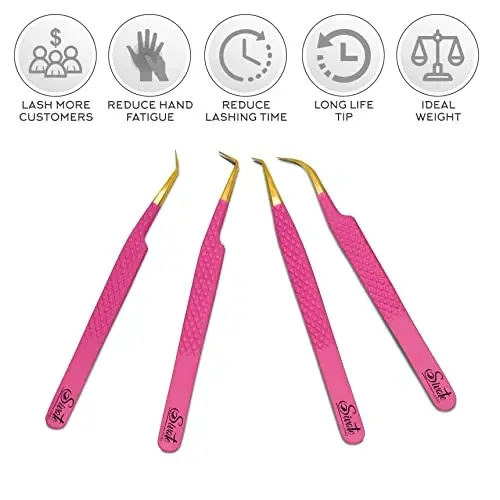 SIVOTE Fiber Tip eyelash tweezers for lash extensions with Diamond Grip, Pink, Set of 4 - Precise Tips Japanese Steel for Classic, Volume & Mega Volume Lashes, Anti-Rust - Ideal for Lash Artists - SIVOTE (1)