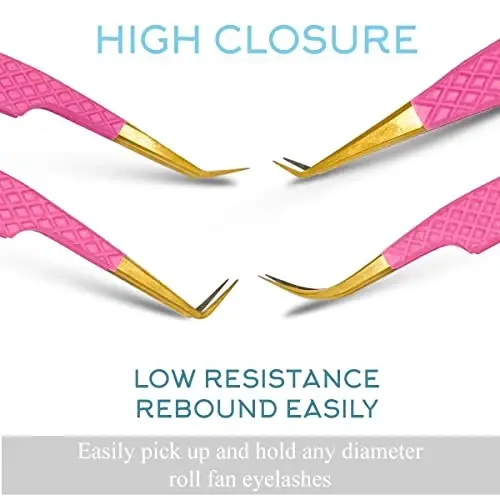 SIVOTE Fiber Tip eyelash tweezers for lash extensions with Diamond Grip, Pink, Set of 4 - Precise Tips Japanese Steel for Classic, Volume & Mega Volume Lashes, Anti-Rust - Ideal for Lash Artists - 3