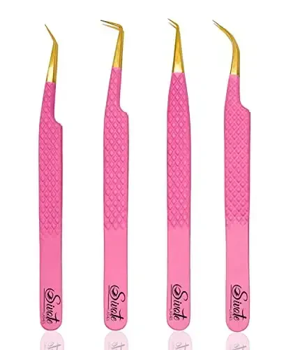 SIVOTE Fiber Tip eyelash tweezers for lash extensions with Diamond Grip, Pink, Set of 4 - Precise Tips Japanese Steel for Classic, Volume & Mega Volume Lashes, Anti-Rust - Ideal for Lash Artists - SIVOTE