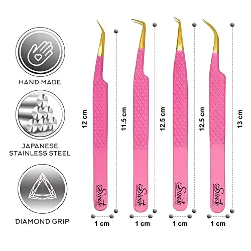 SIVOTE Fiber Tip eyelash tweezers for lash extensions with Diamond Grip, Pink, Set of 4 - Precise Tips Japanese Steel for Classic, Volume & Mega Volume Lashes, Anti-Rust - Ideal for Lash Artists - 4