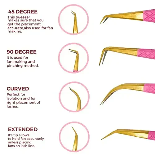 SIVOTE Fiber Tip eyelash tweezers for lash extensions with Diamond Grip, Pink, Set of 4 - Precise Tips Japanese Steel for Classic, Volume & Mega Volume Lashes, Anti-Rust - Ideal for Lash Artists - 5