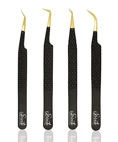 SIVOTE Fiber Tip Lash Tweezers for Eyelash Extensions with Diamond Grip, Black, Set of 4 - Precise Tips Japanese Steel for Classic, Volume & Mega Volume Lashes, Anti-Rust - Ideal for Lash Artists 