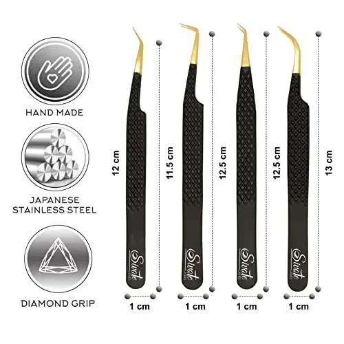 SIVOTE Fiber Tip Lash Tweezers for Eyelash Extensions with Diamond Grip, Black, Set of 4 - Precise Tips Japanese Steel for Classic, Volume & Mega Volume Lashes, Anti-Rust - Ideal for Lash Artists - 4